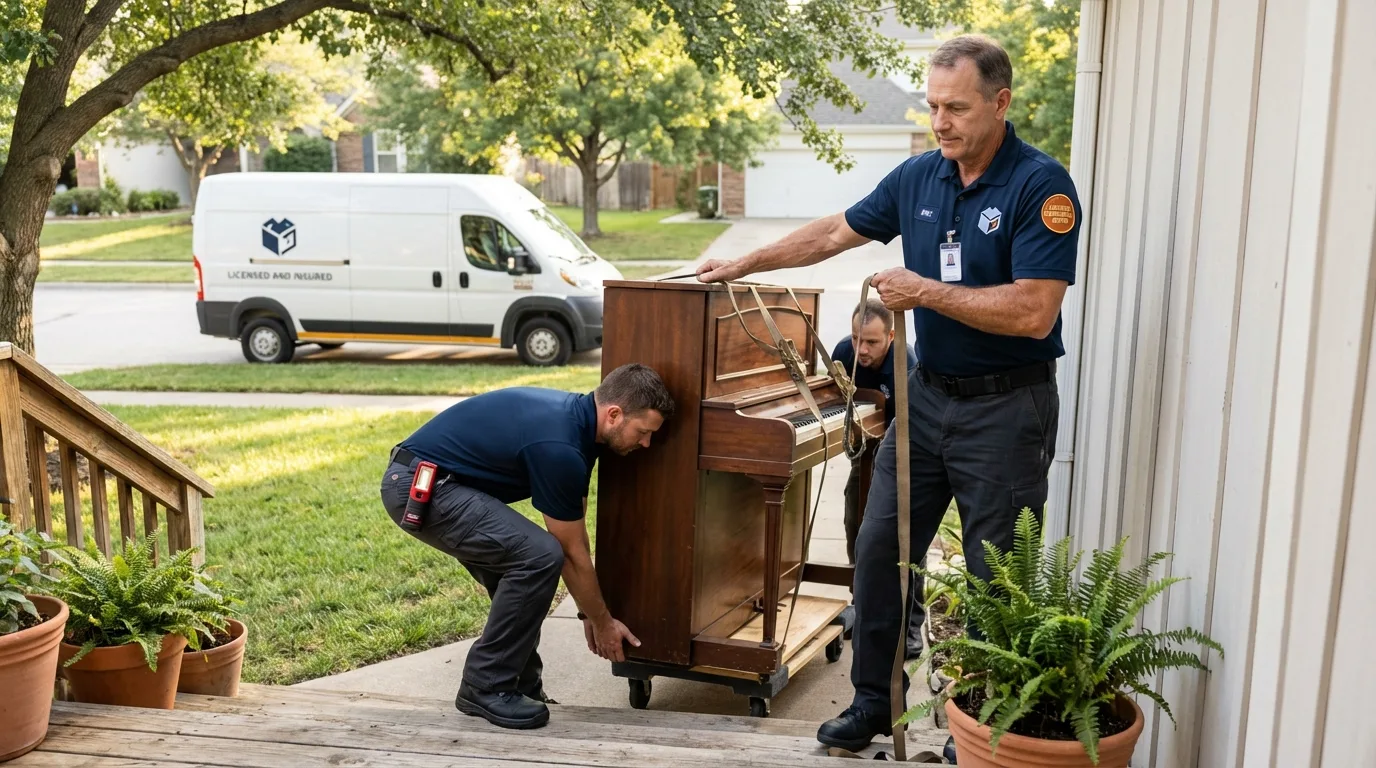 Licensed piano movers securing grand piano in Brookneal, VA