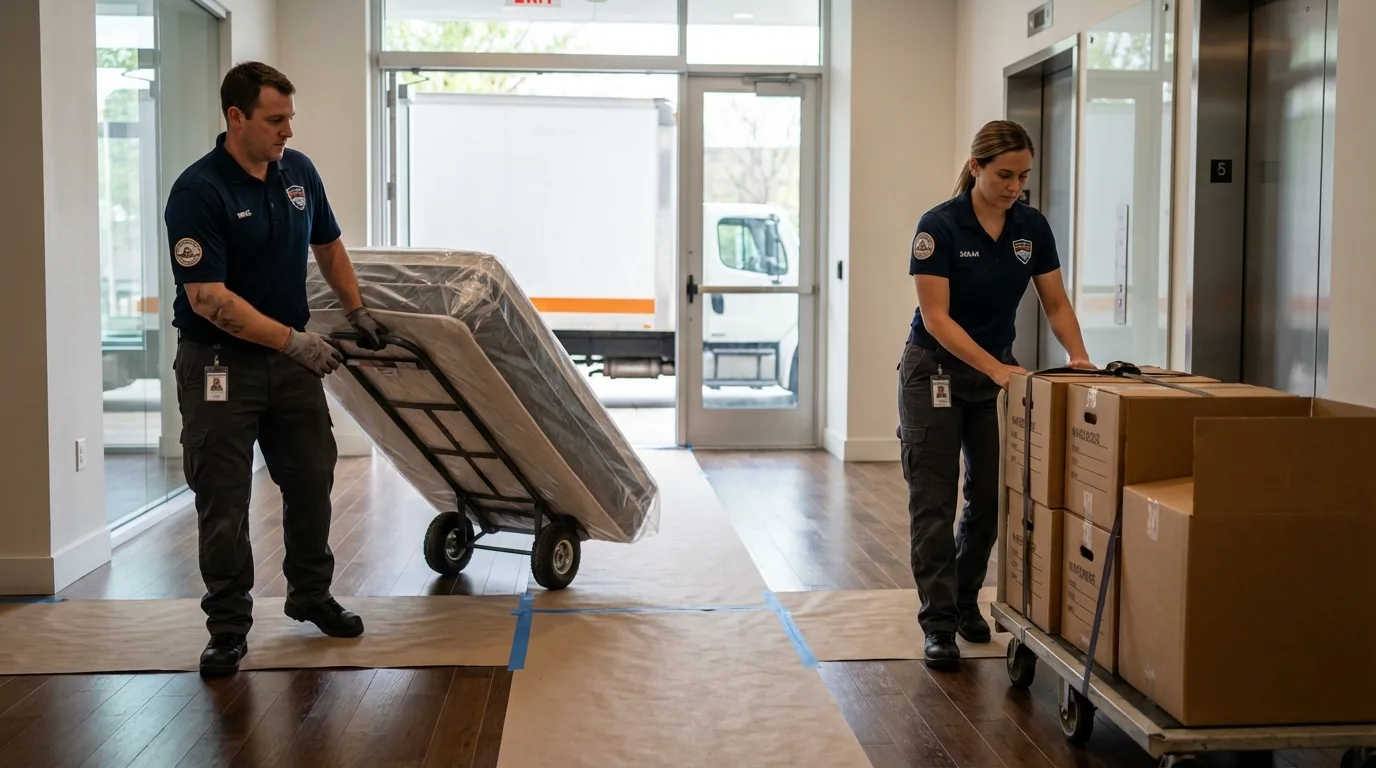 Professional apartment movers loading elevator in Brookneal, VA